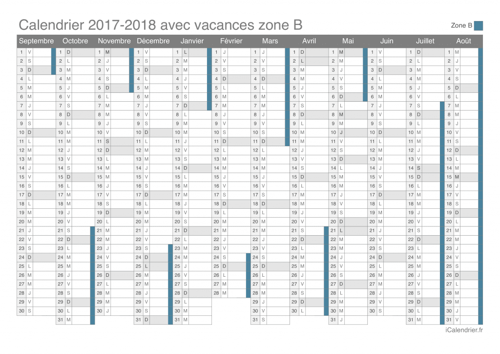 Calendrier des vacances scolaires 2017-2018 de la zone B