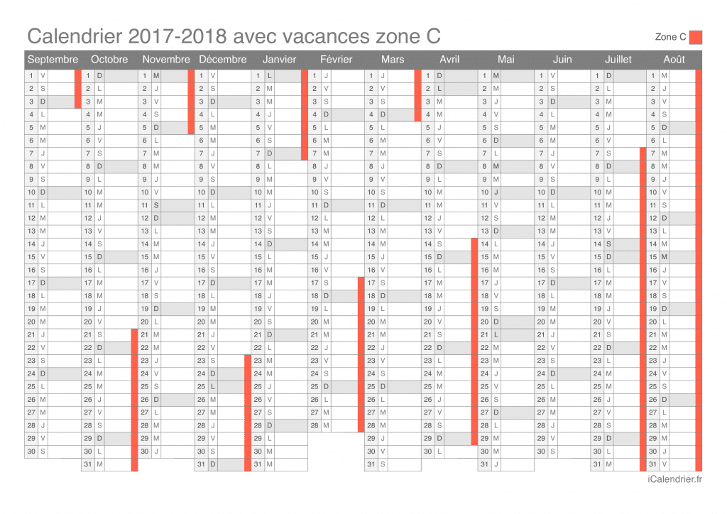 Calendrier des vacances scolaires 2017-2018 de la zone C