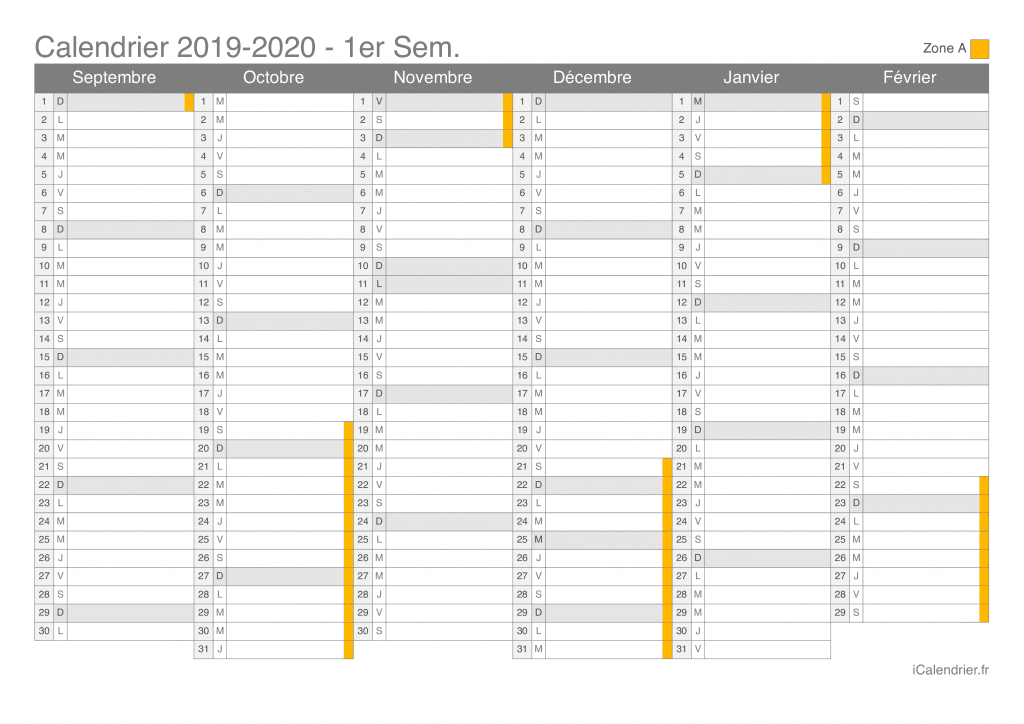Calendrier des vacances scolaires 2019-2020 par semestre de la zone A