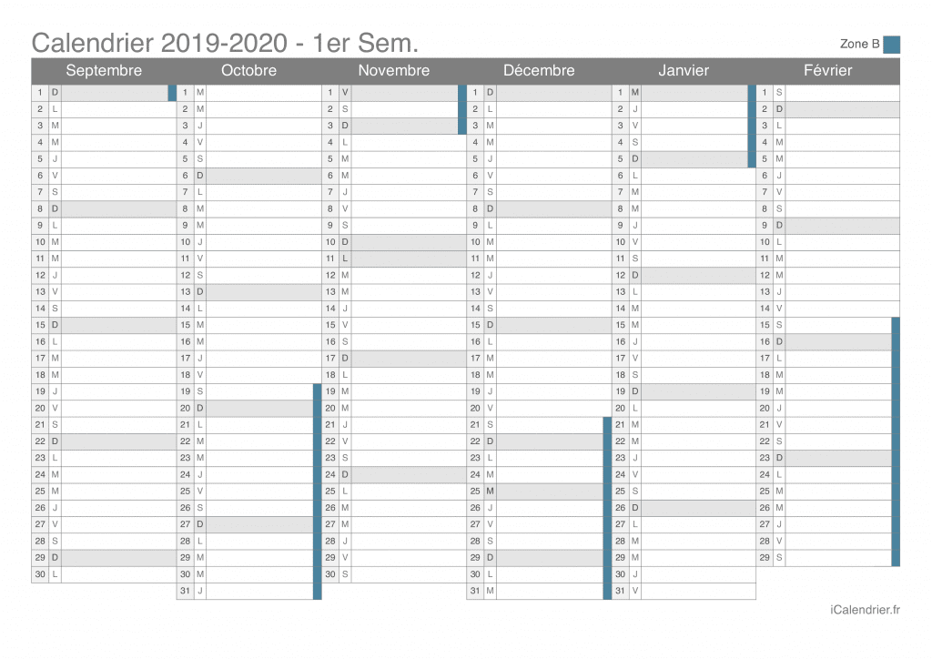 Calendrier des vacances scolaires 2019-2020 par semestre de la zone B