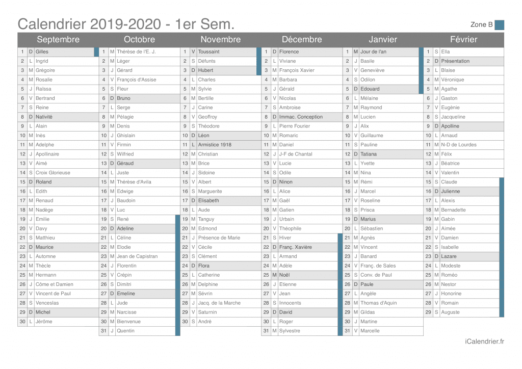 Calendrier des vacances scolaires 2019-2020 par semestre, zone B, avec fête du jour