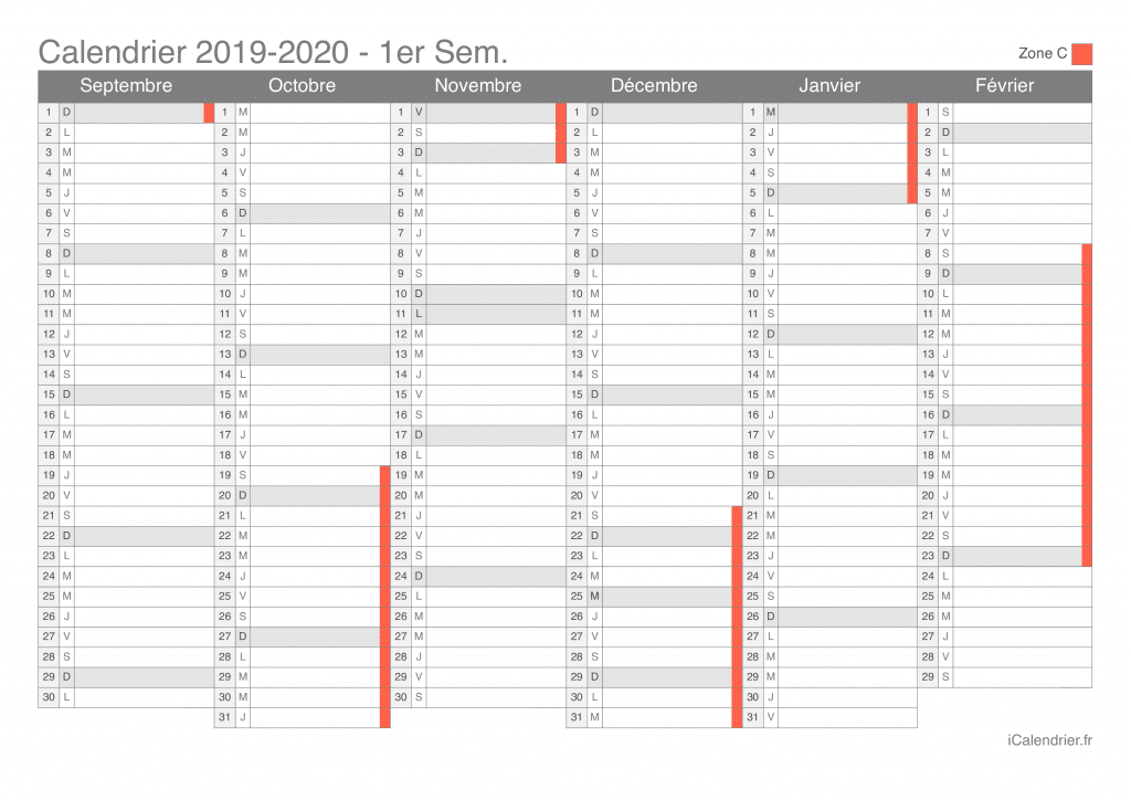 Calendrier des vacances scolaires 2019-2020 par semestre de la zone C