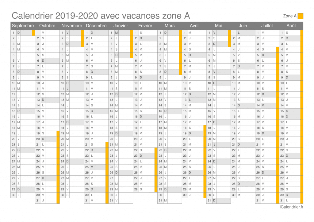 Calendrier des vacances scolaires 2019-2020 de la zone A