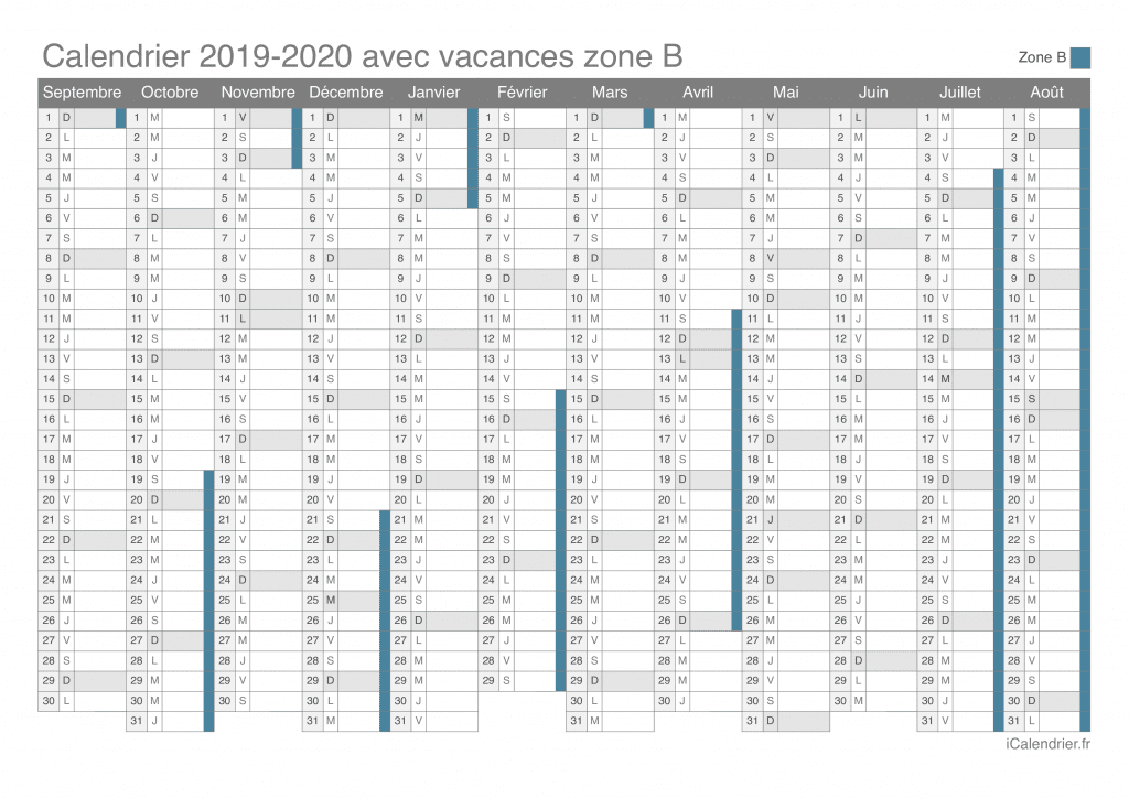 Calendrier des vacances scolaires 2019-2020 de la zone B