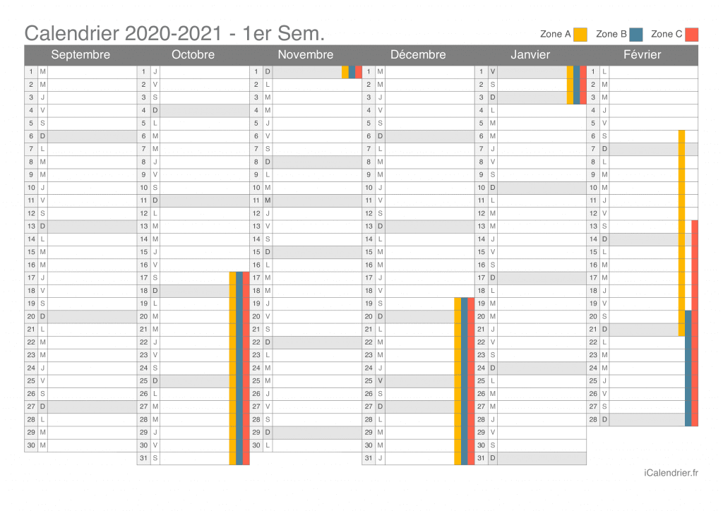 Calendrier des vacances scolaires 2020-2021 par semestre