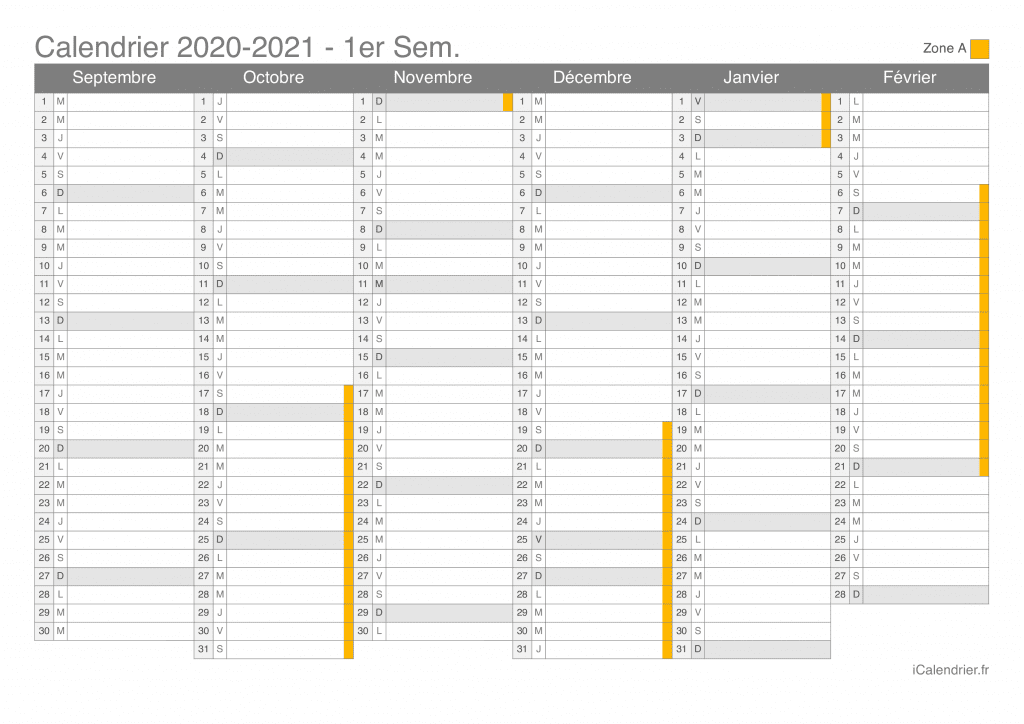 Calendrier des vacances scolaires 2020-2021 par semestre de la zone A