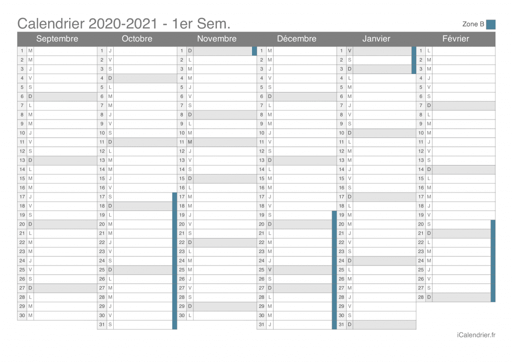 Calendrier des vacances scolaires 2020-2021 par semestre de la zone B