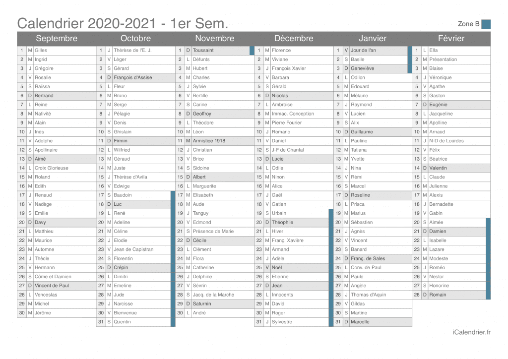 Calendrier des vacances scolaires 2020-2021 par semestre, zone B, avec fête du jour