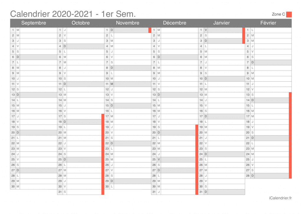 Calendrier des vacances scolaires 2020-2021 par semestre de la zone C