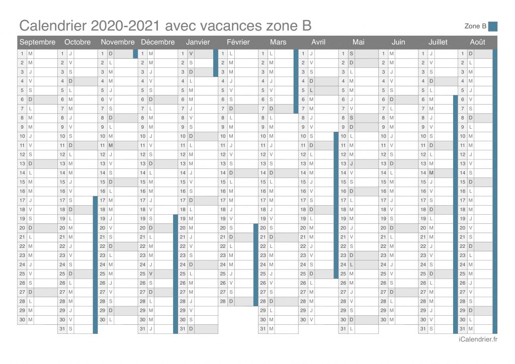 Calendrier des vacances scolaires 2020-2021 de la zone B