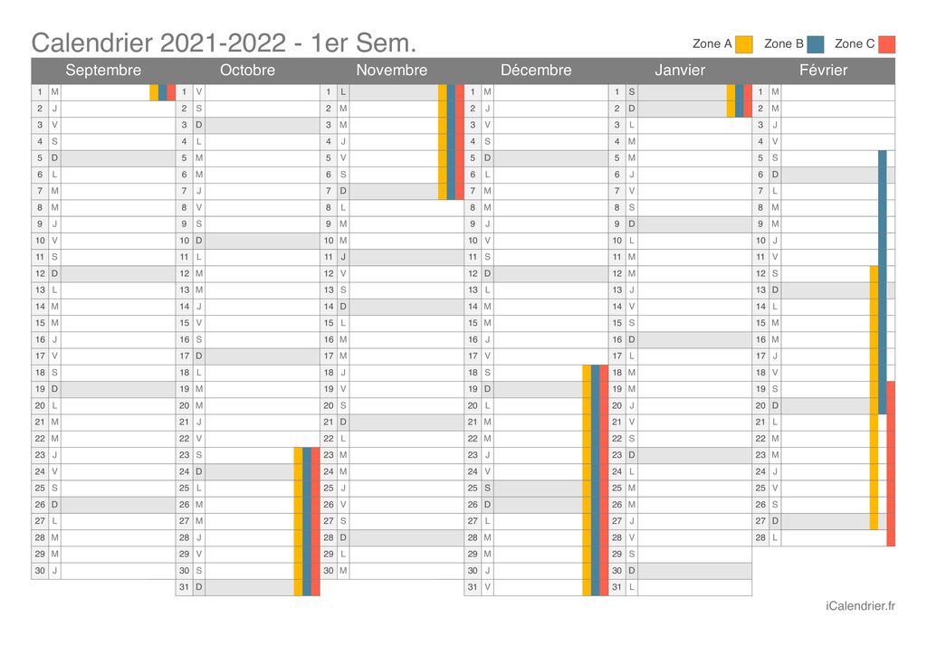 Calendrier des vacances scolaires 2021-2022 par semestre