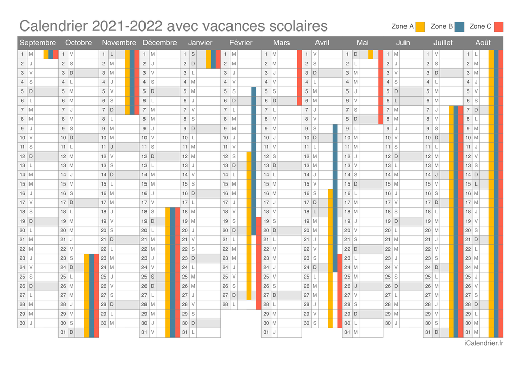 Calendrier des vacances scolaires 2021-2022