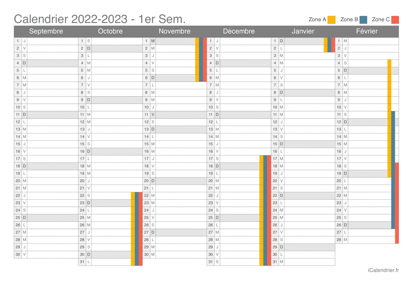 Calendrier des vacances scolaires 2022-2023 par semestre