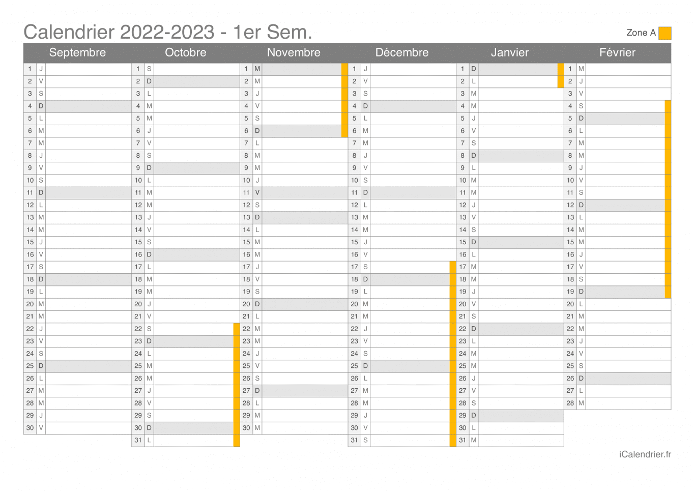 Calendrier des vacances scolaires 2022-2023 par semestre de la zone A