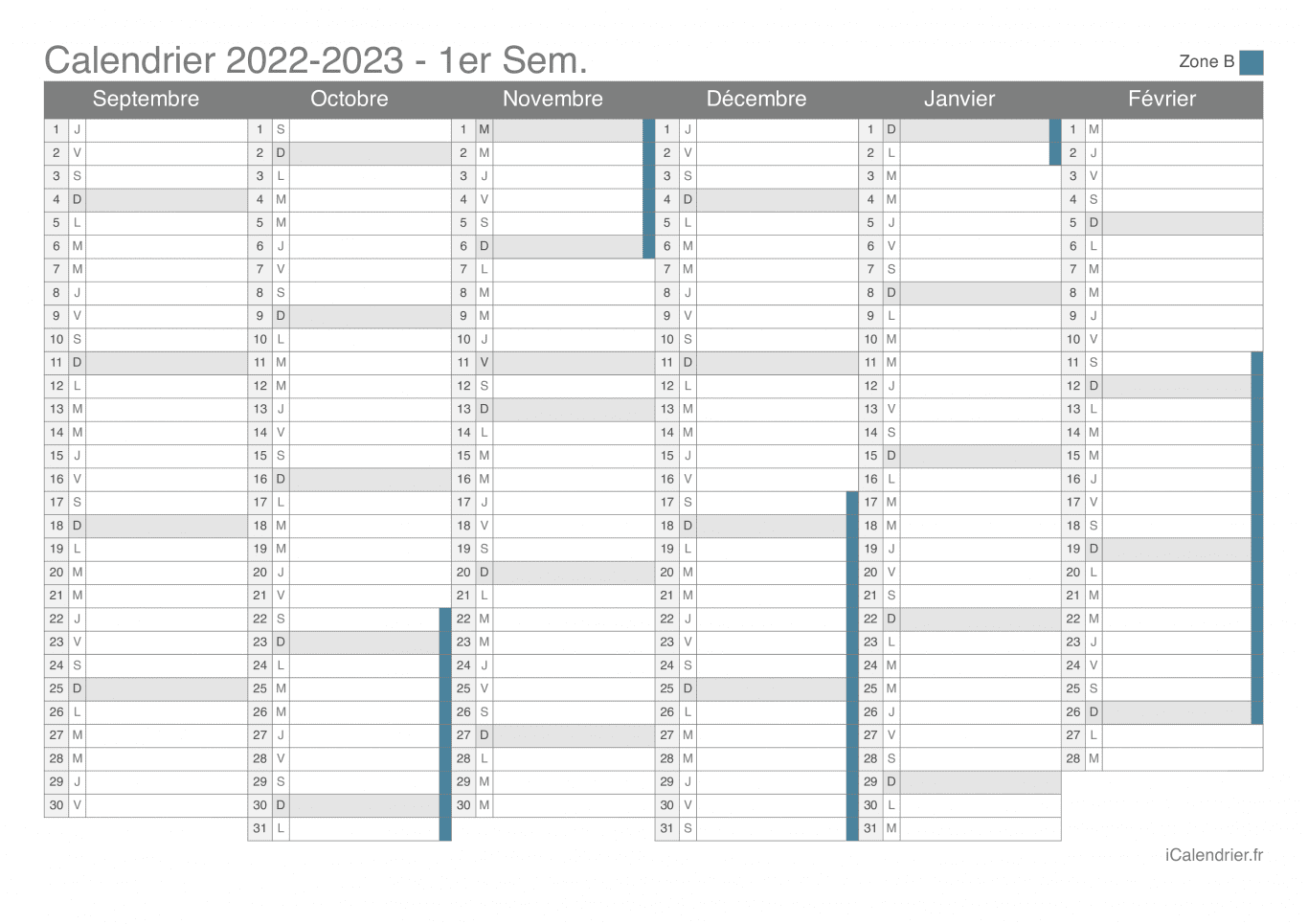 Calendrier des vacances scolaires 2022-2023 par semestre de la zone B