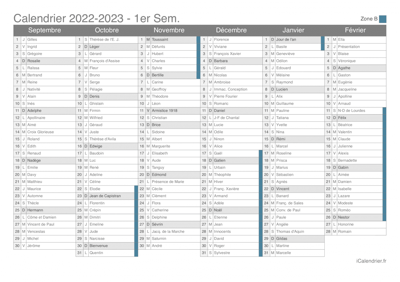 Calendrier des vacances scolaires 2022-2023 par semestre, zone B, avec fête du jour