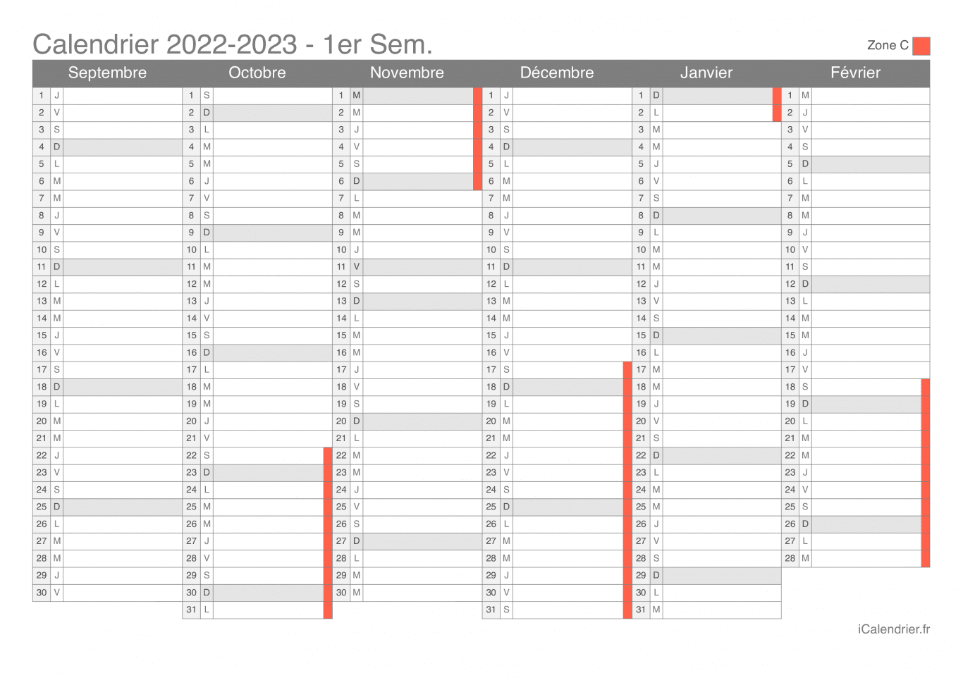 Calendrier des vacances scolaires 2022-2023 par semestre de la zone C