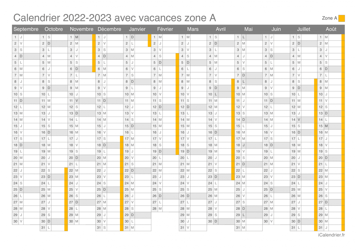 Calendrier des vacances scolaires 2022-2023 de la zone A