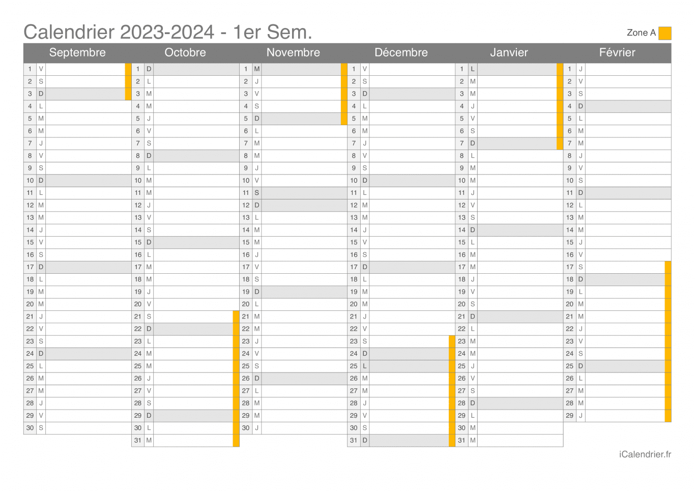 Calendrier des vacances scolaires 2023-2024 par semestre de la zone A
