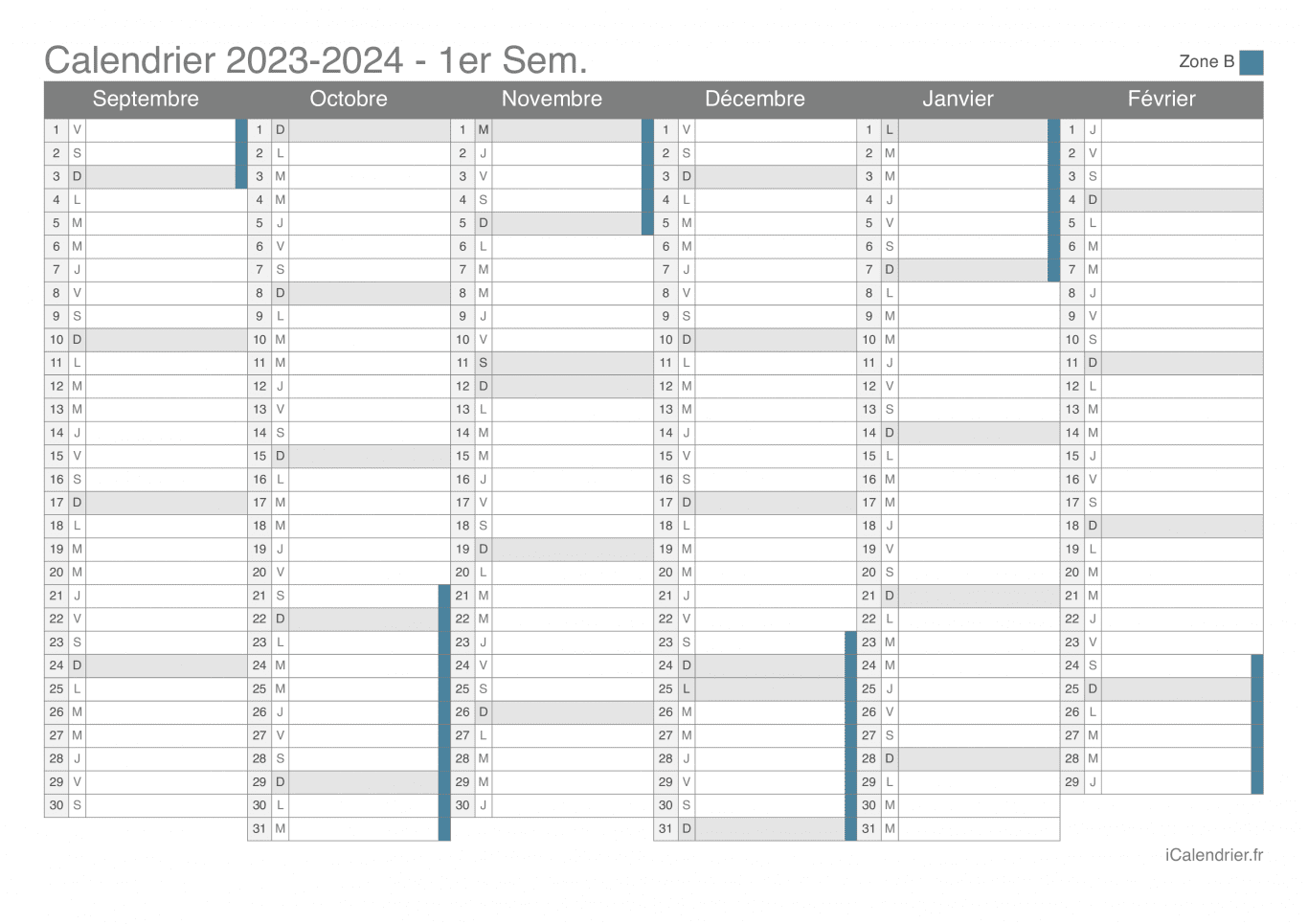 Calendrier des vacances scolaires 2023-2024 par semestre de la zone B