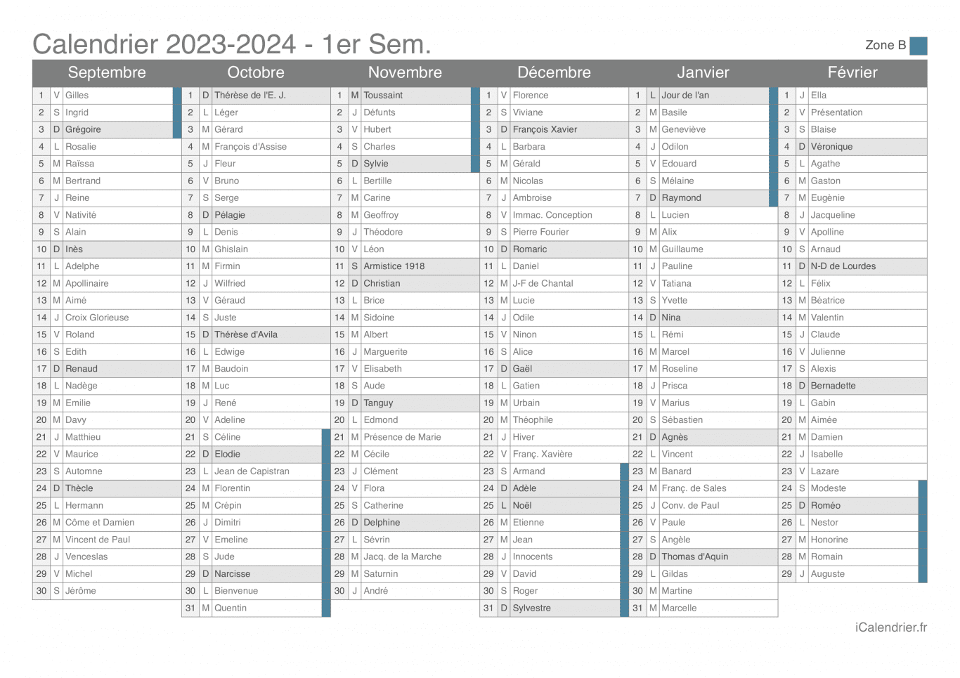 Calendrier des vacances scolaires 2023-2024 par semestre, zone B, avec fête du jour