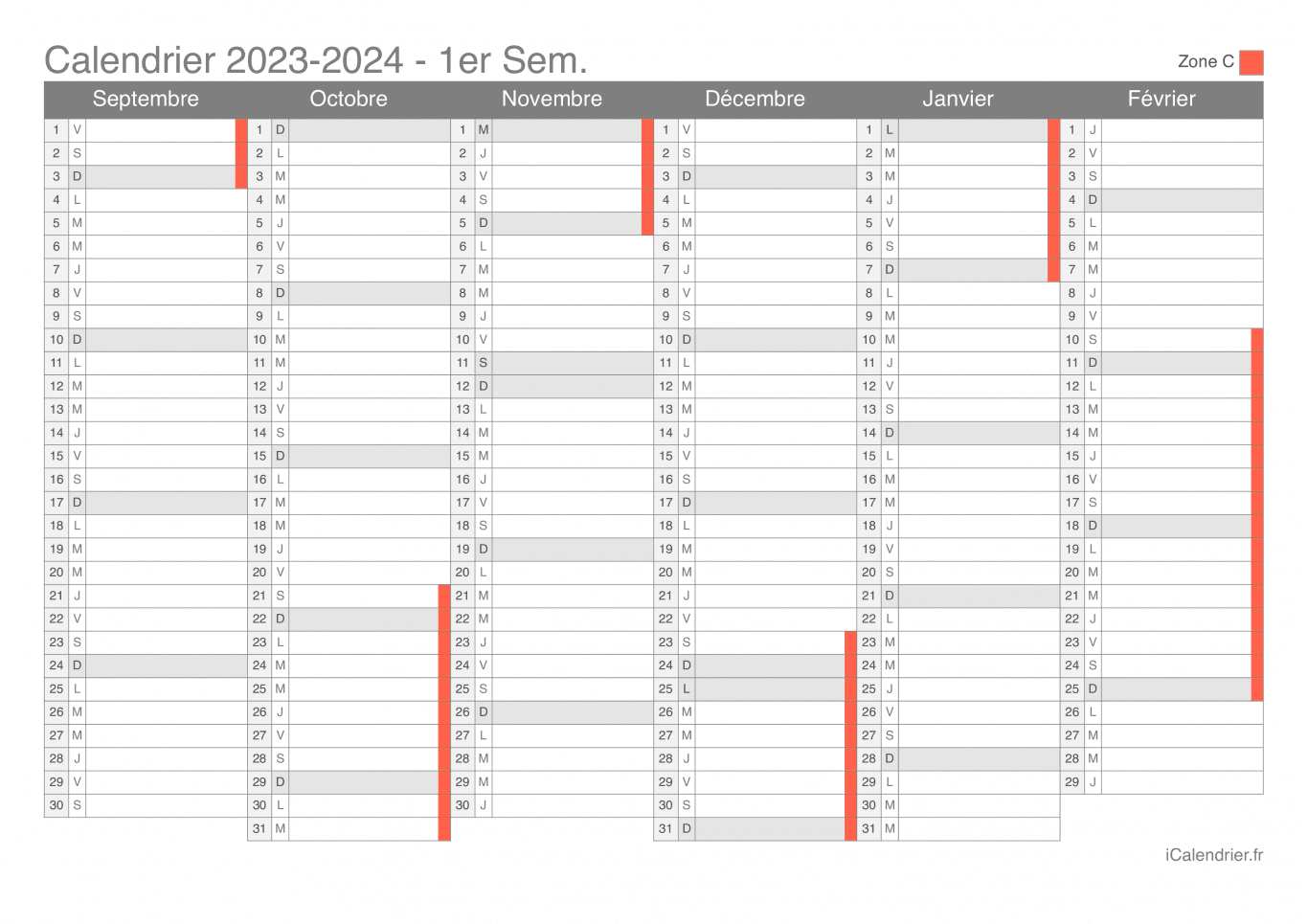 Calendrier des vacances scolaires 2023-2024 par semestre de la zone C