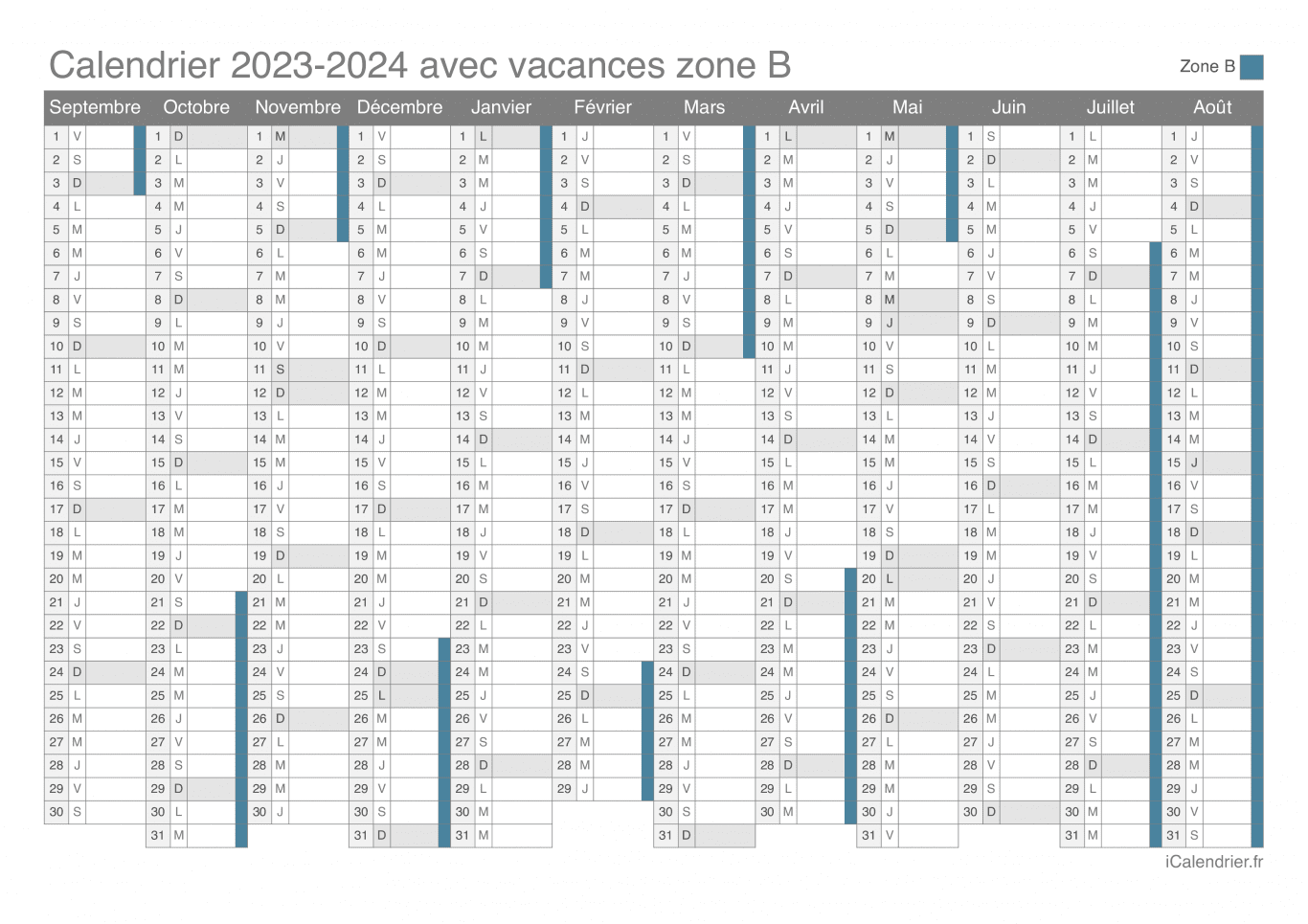 Calendrier des vacances scolaires 2023-2024 de la zone B