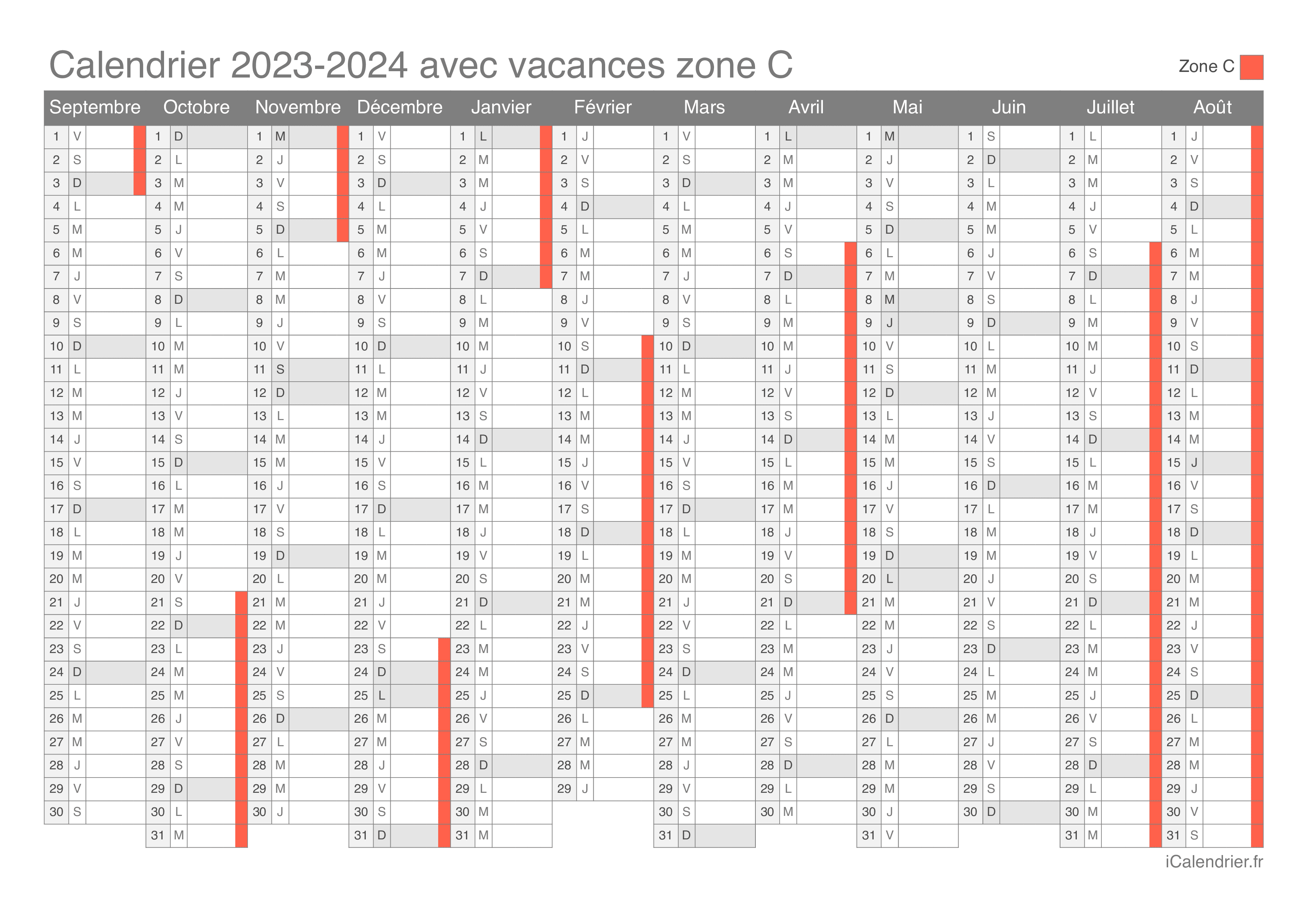 Calendrier scolaire 2023-2024 avec les dates des vacances scolaires des  zones A, B et C