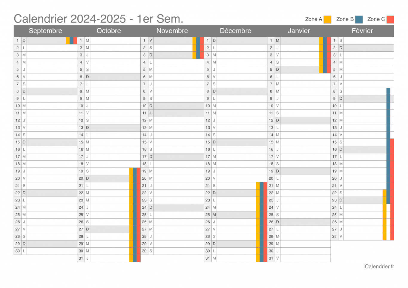 Calendrier des vacances scolaires 2024-2025 par semestre