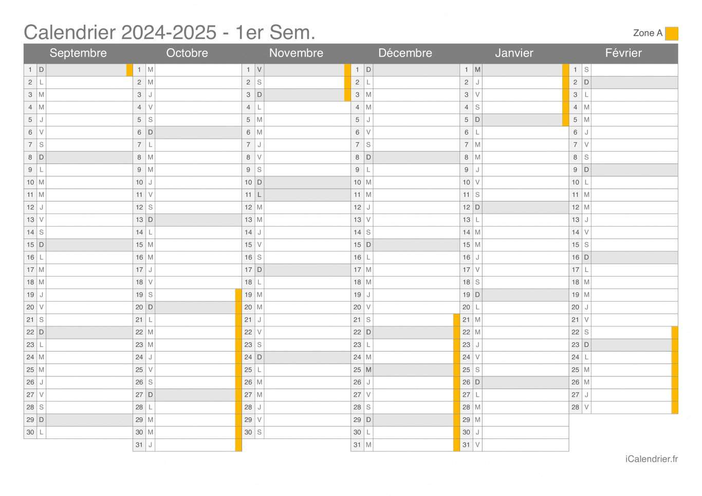 Calendrier des vacances scolaires 2024-2025 par semestre de la zone A
