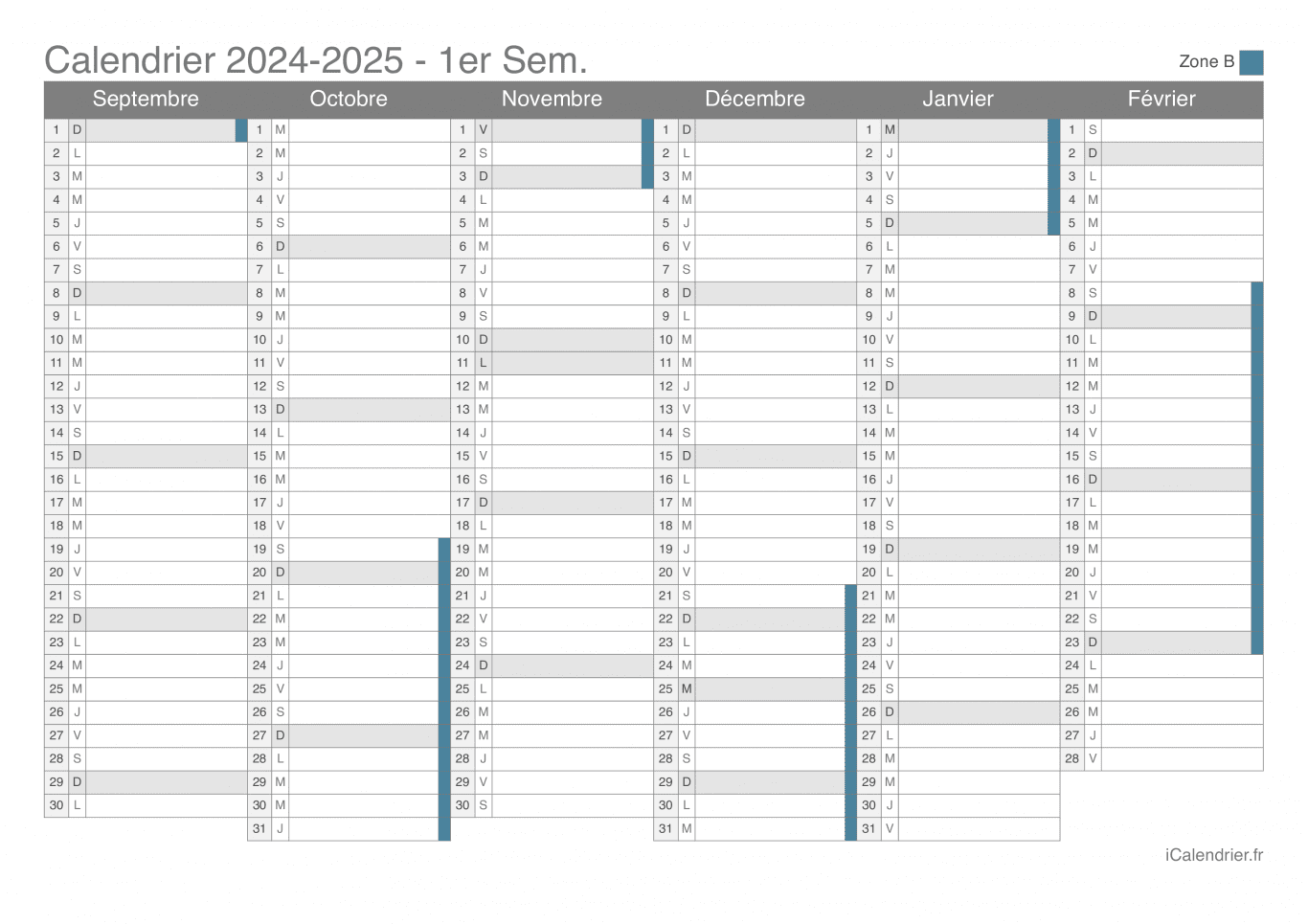 Calendrier des vacances scolaires 2024-2025 par semestre de la zone B