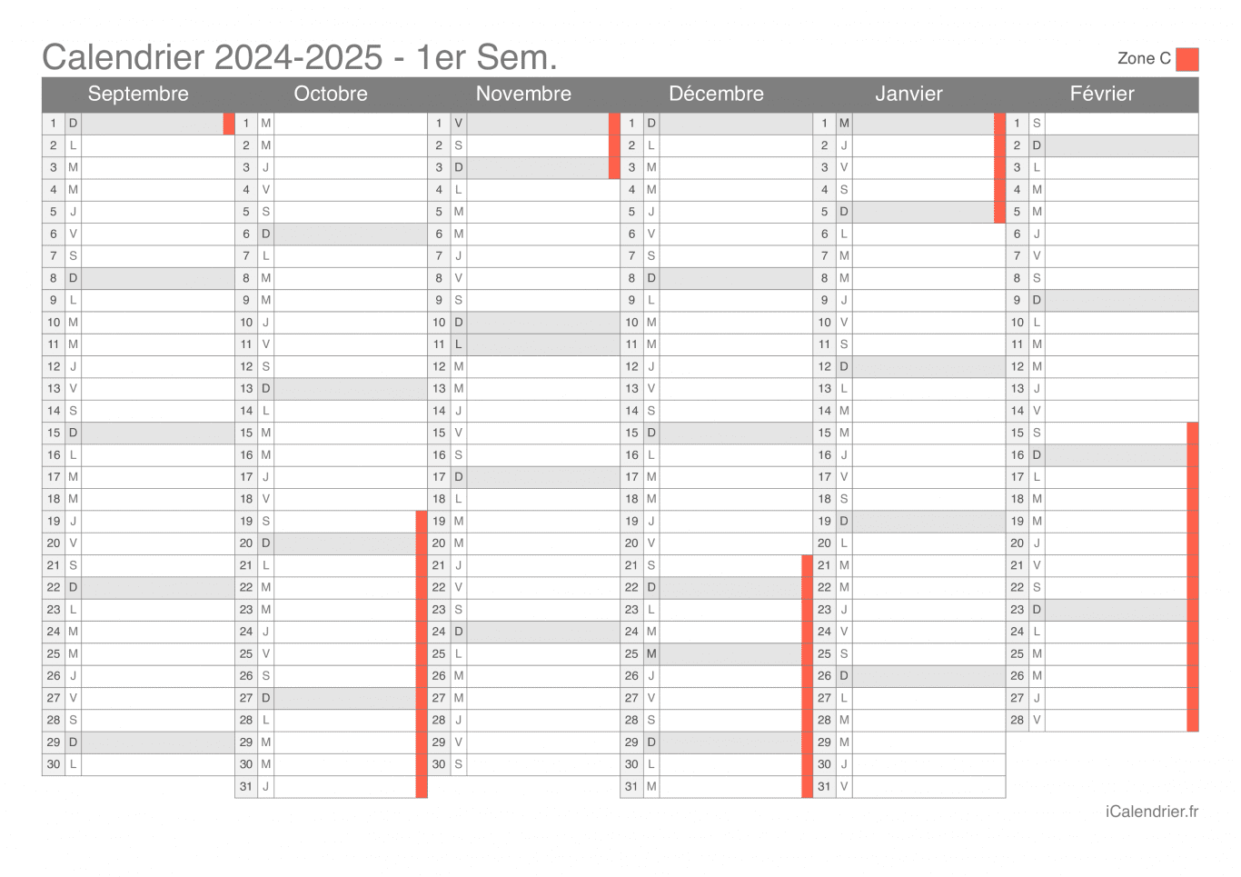Calendrier des vacances scolaires 2024-2025 par semestre de la zone C