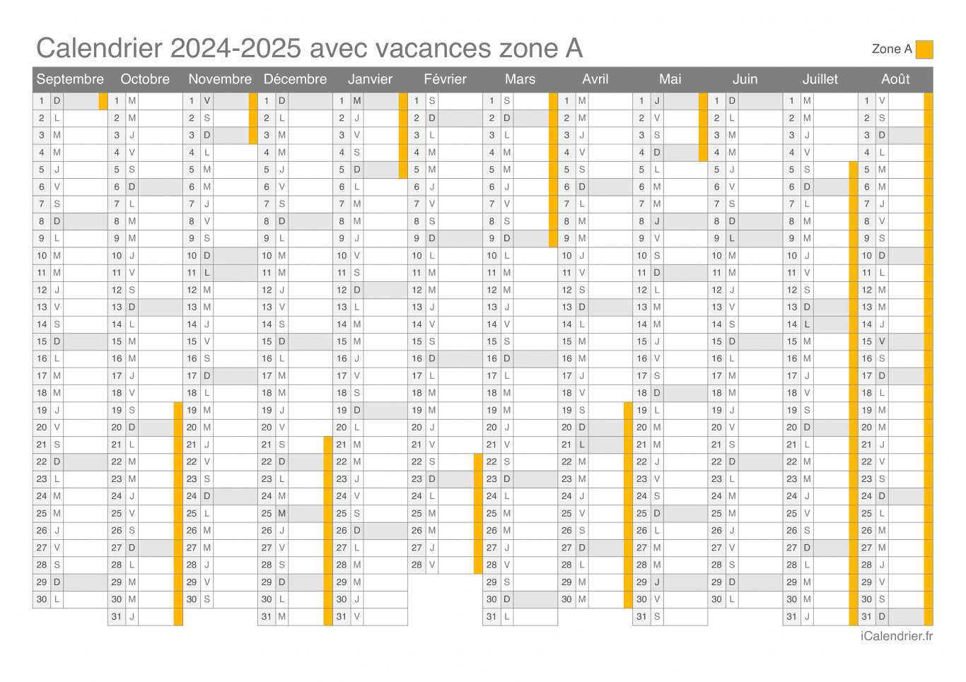 Calendrier des vacances scolaires 2024-2025 de la zone A