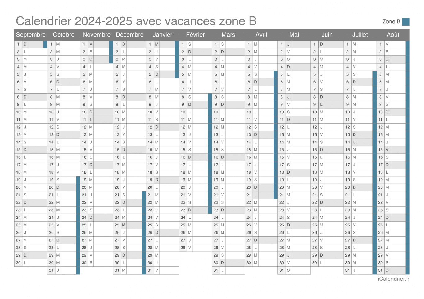 Calendrier des vacances scolaires 2024-2025 de la zone B