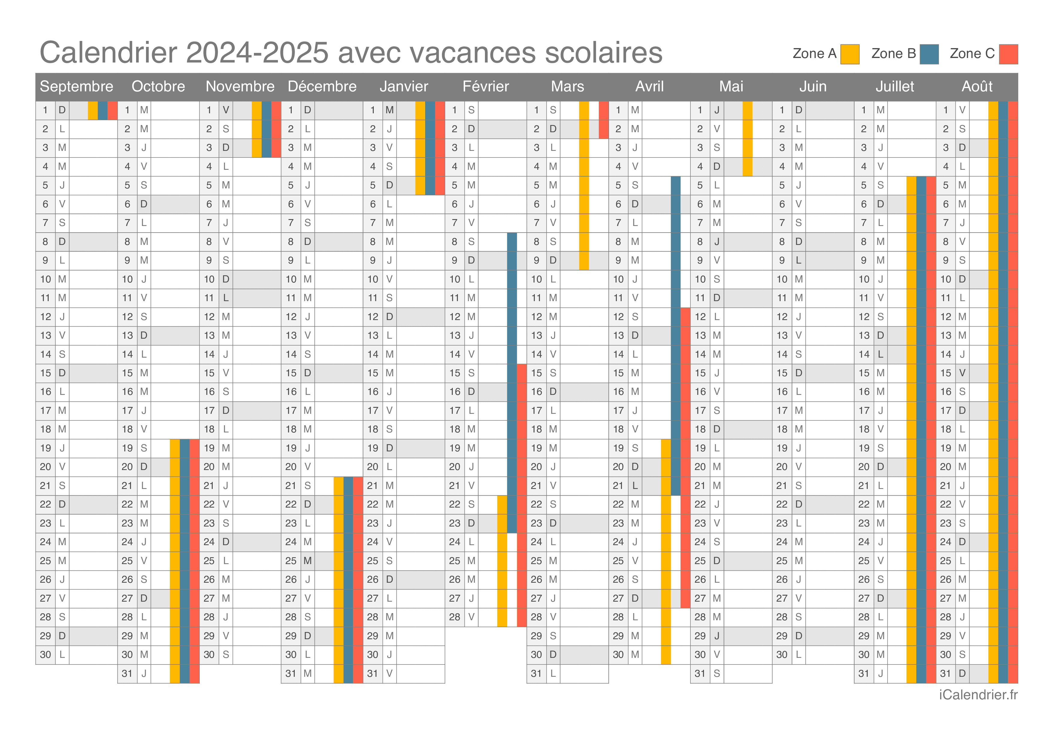 Calendrier 2024 2025 à imprimer