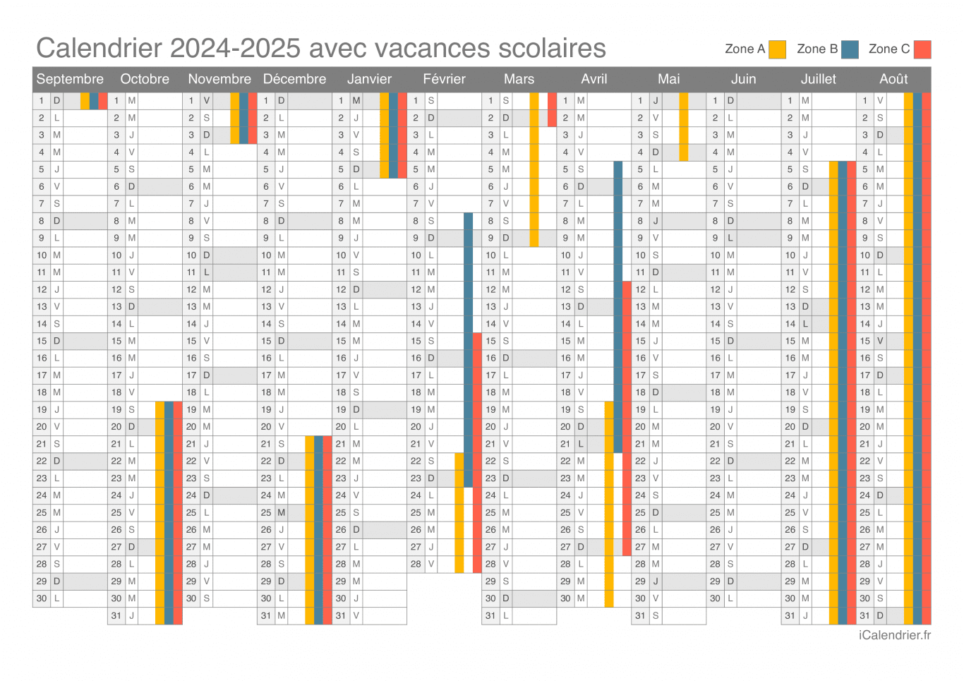 Calendrier des vacances scolaires 2024-2025