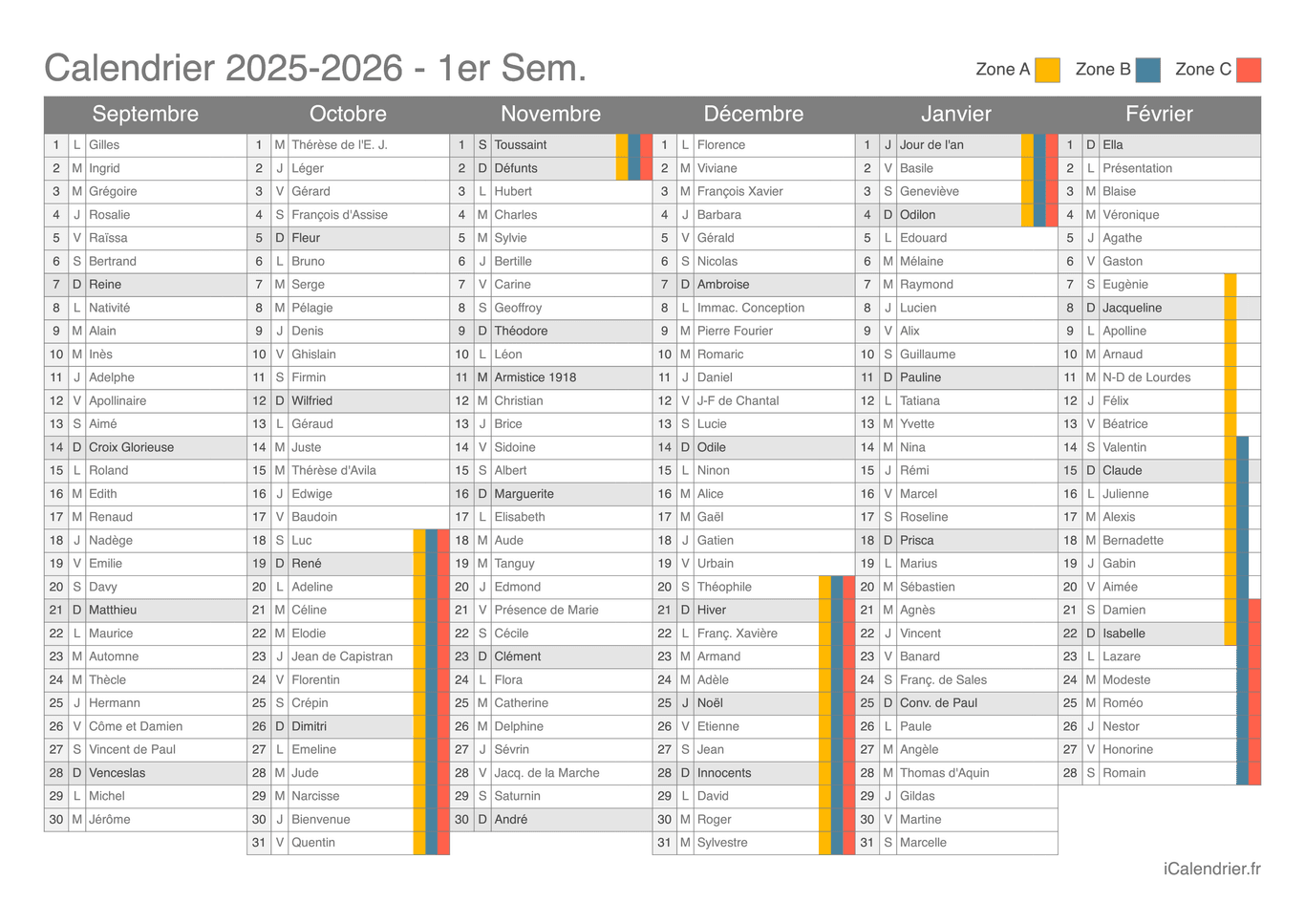 Calendrier des vacances scolaires 2025-2026 par semestre avec fête du jour