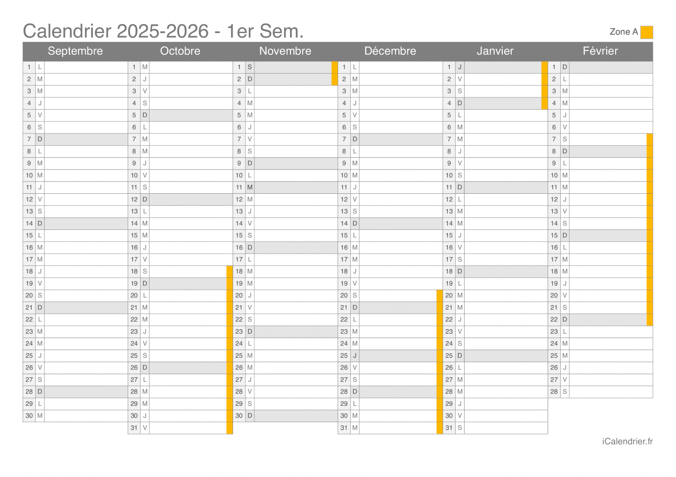 Calendrier des vacances scolaires 2025-2026 par semestre de la zone A