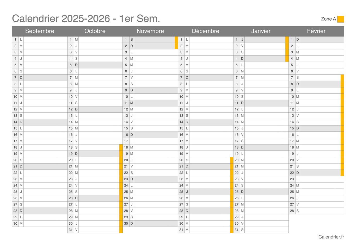 Calendrier des vacances scolaires 2025-2026 par semestre Zone A