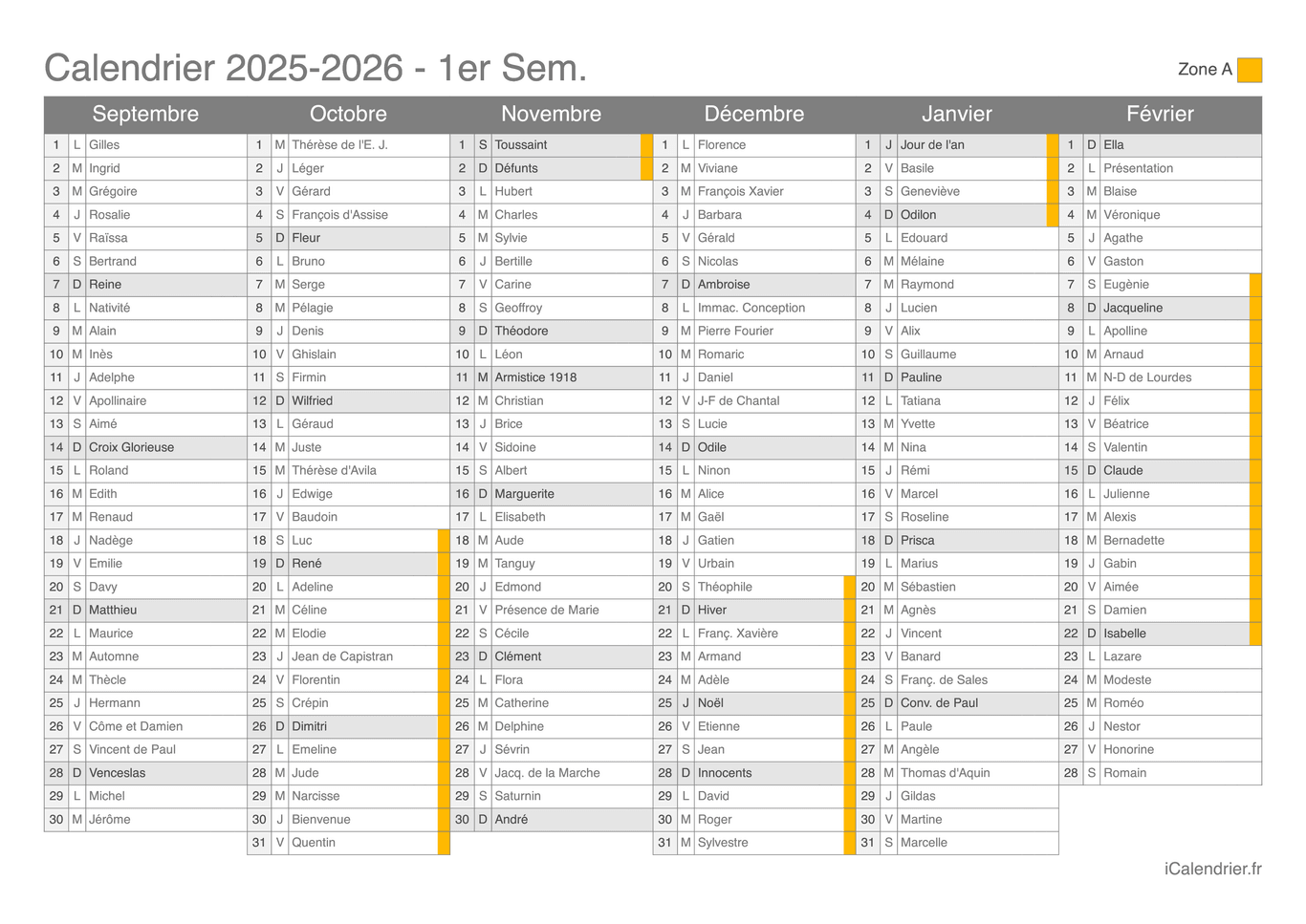 Calendrier des vacances scolaires 2025-2026 par semestre, Zone A, avec fête du jour