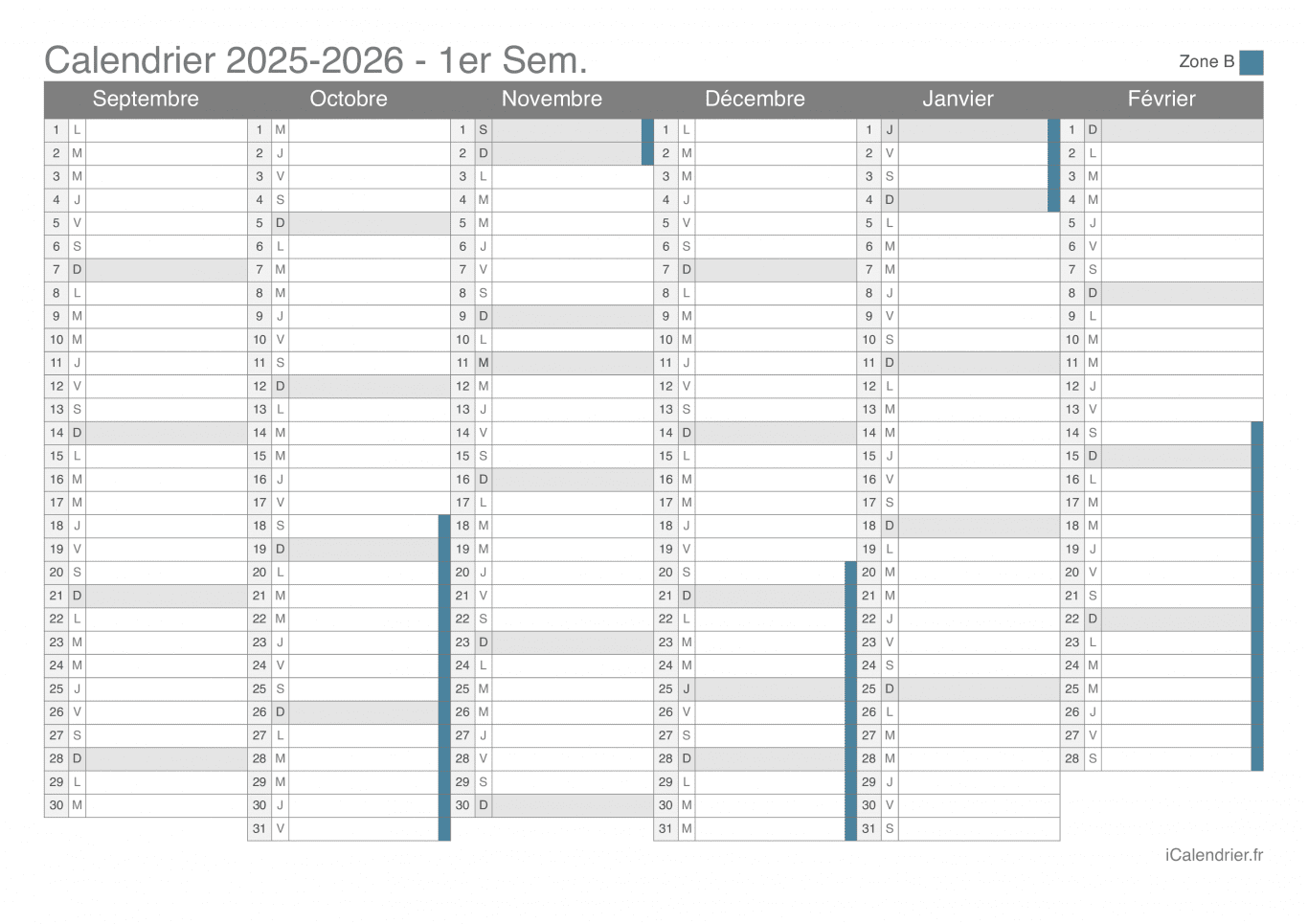 Calendrier des vacances scolaires 2025-2026 par semestre de la zone B
