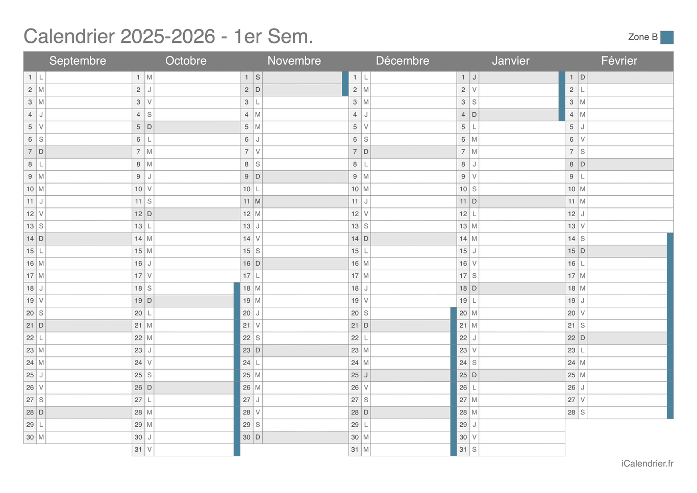 Calendrier des vacances scolaires 2025-2026 par semestre Zone B