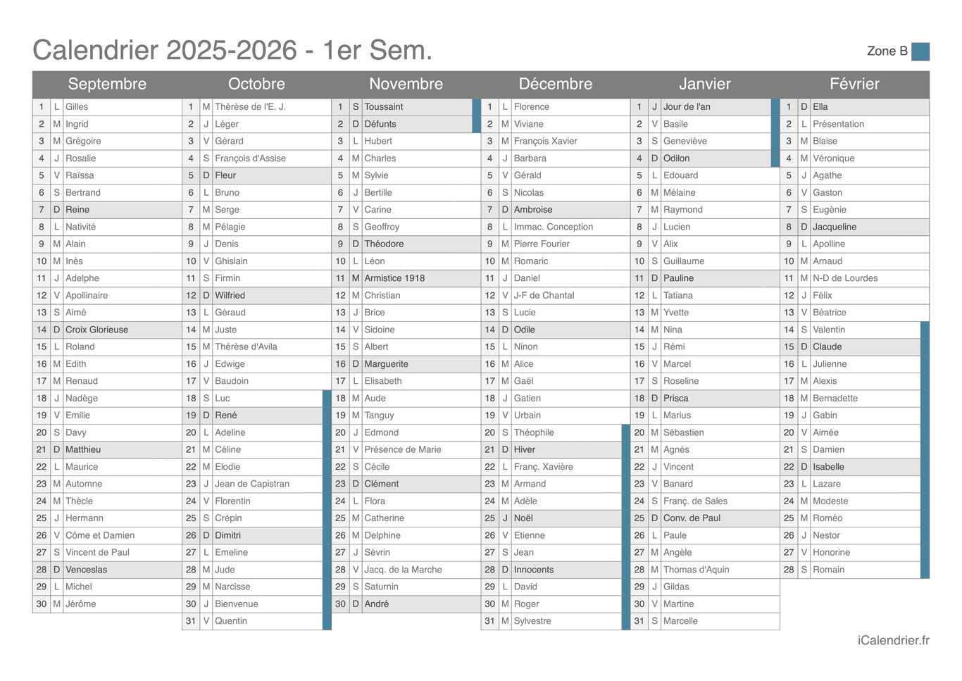 Calendrier des vacances scolaires 2025-2026 par semestre, Zone B, avec fête du jour