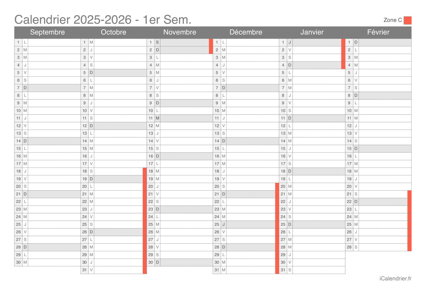 Calendrier des vacances scolaires 2025-2026 par semestre de la zone C