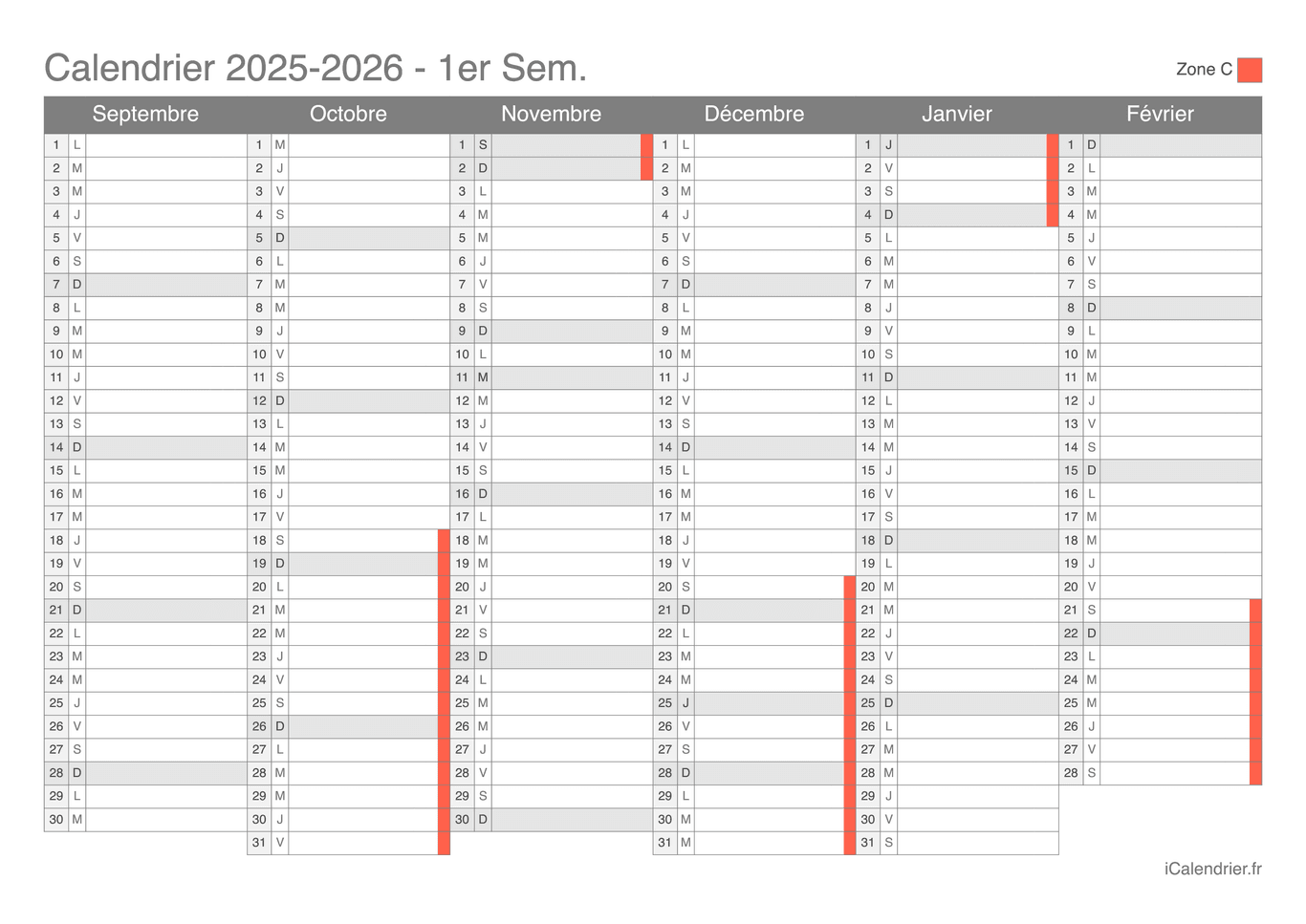 Calendrier des vacances scolaires 2025-2026 par semestre Zone C