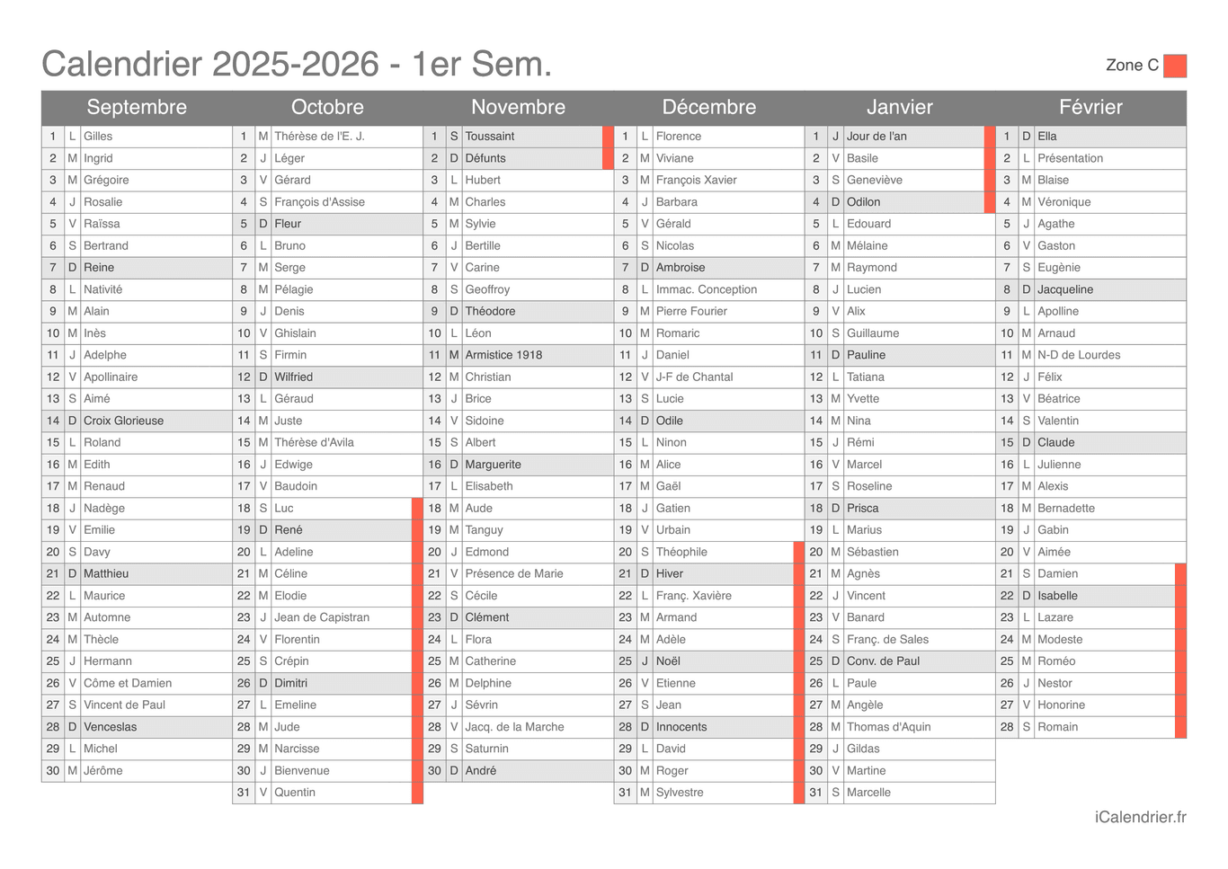 Calendrier des vacances scolaires 2025-2026 par semestre, Zone C, avec fête du jour