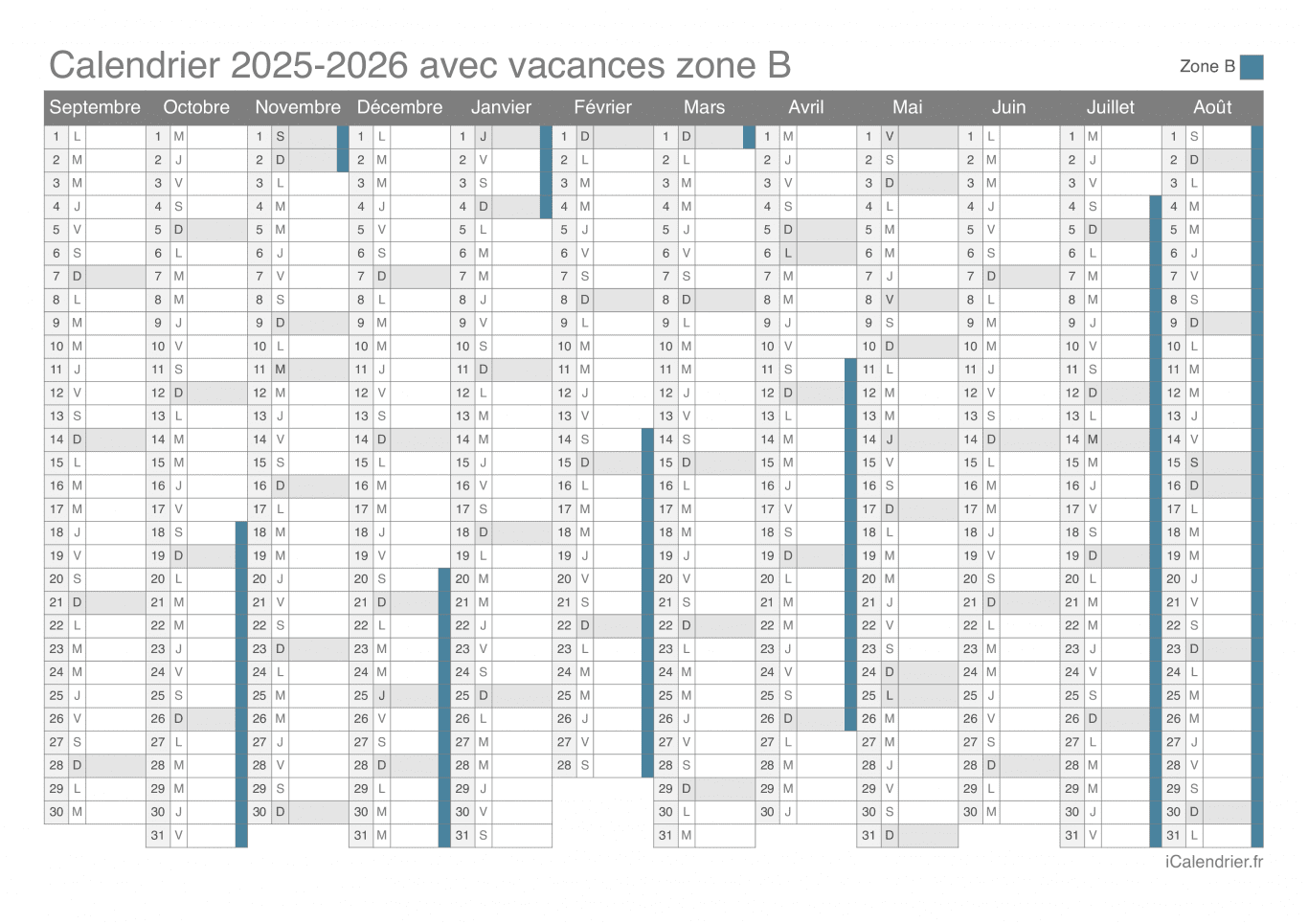Calendrier des vacances scolaires 2025-2026 de la zone B