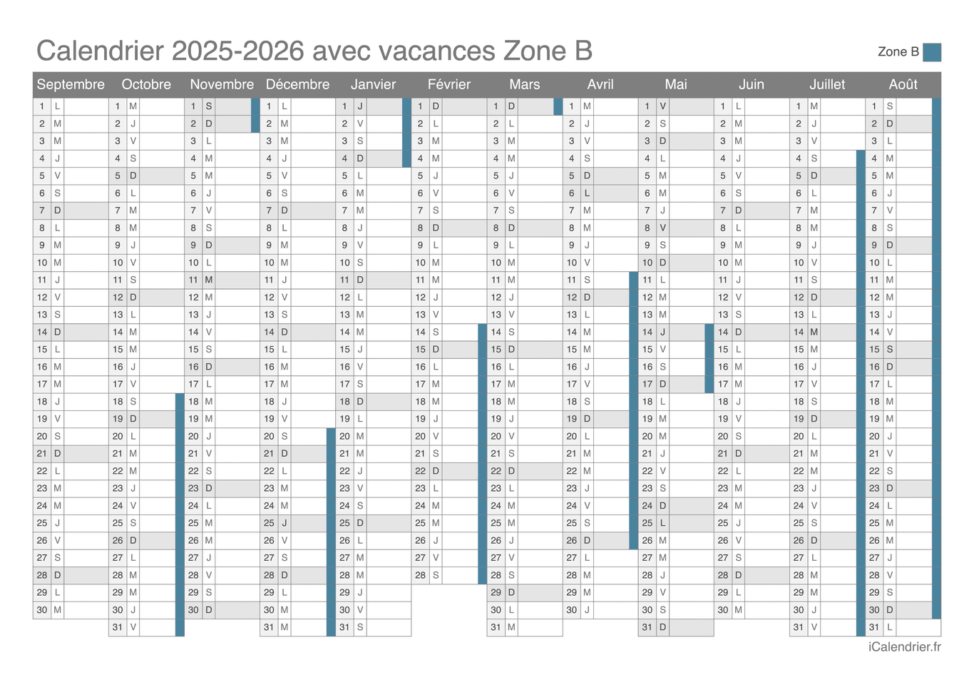 Calendrier des vacances scolaires 2025-2026 Zone B