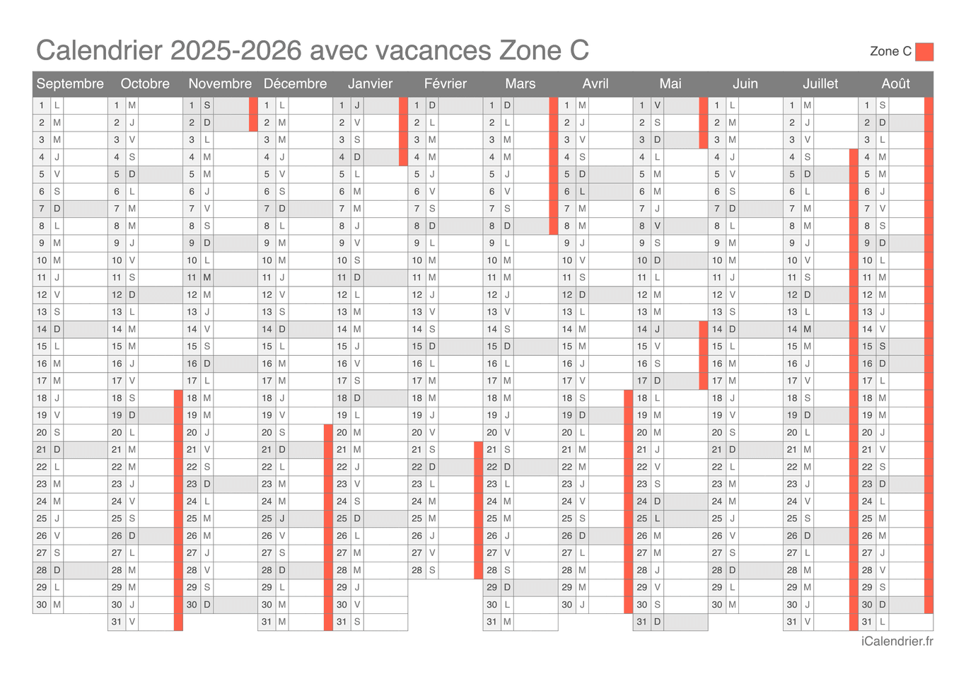Calendrier des vacances scolaires 2025-2026 Zone C