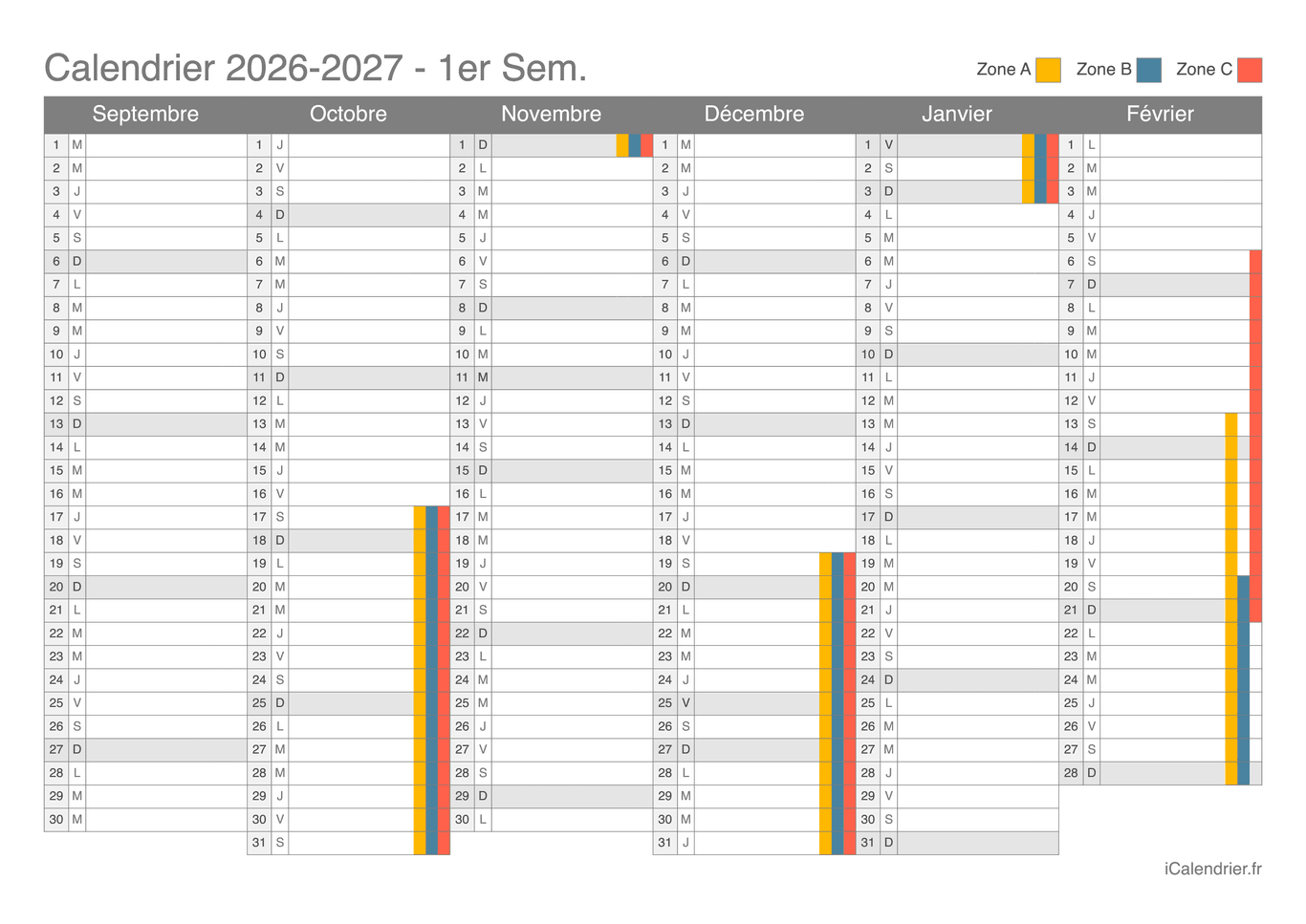 Calendrier des vacances scolaires 2026-2027 par semestre